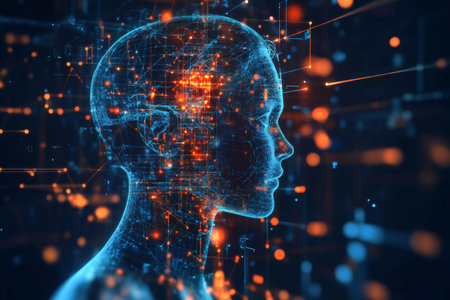 Digital human head representing AI and machine learning, with glowing data connections within a complex neural networkの素材