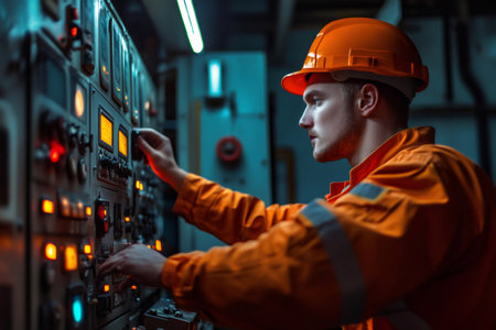 Engineer in safety gear operating a sophisticated control panel, focusing on gauges and buttons in an industrial settingの素材