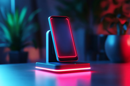 Smartphone connected to a wireless charging dock featuring vibrant neon light. Modern technology illuminating dark backgroundの素材
