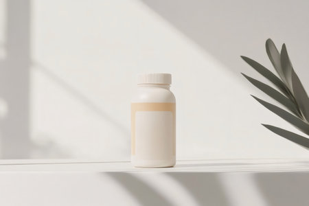 Minimalist supplement bottle with blank label standing on a white shelf, featuring natural light and plant shadows for a clean wellness conceptの素材