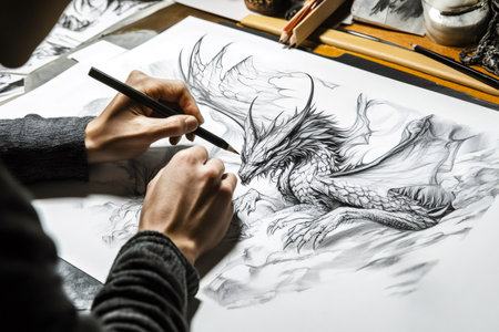 Human hands sketching a powerful and intricate fantasy dragon on paper, showing the artistic process of creationの素材