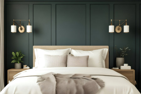 Modern bedroom interior with a comfortable upholstered bed, throw blanket, and two nightstands with lamps and plantsの素材