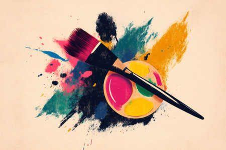 Painting tools symbolizing creativity and artistic expression with vibrant paint splatters and textural strokesの素材
