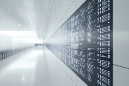 Minimalist digital board showing flight details in a clean, white, futuristic airport corridor, concept for travel and technologyの素材