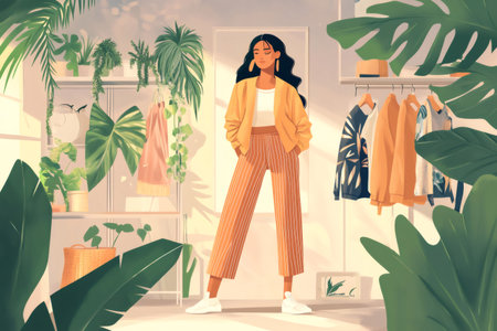 Stylish woman standing in her wardrobe, surrounded by numerous green houseplants and clothes hanging on a rackの素材