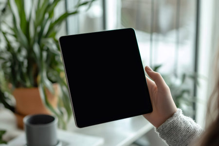 Woman's hand holding a horizontal tablet with a blank dark screen. Background shows blurred houseplant and windowの素材