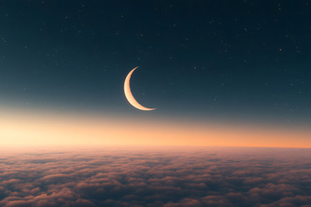 Crescent moon shining above a vast cloud landscape illuminated by the warm light of dawn or dusk with a deep blue starry skyの素材