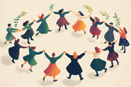 Women holding hands, forming a circle, performing a traditional folk dance. Illustrating community, unity, and celebrationの素材