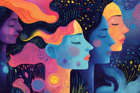Diverse women united in a colorful illustration, reflecting on their well being, community, and inner strengthの素材
