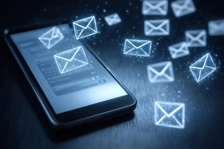 Smartphone displaying email interface with glowing email icons, symbolizing digital communication, messaging, and online serviceの素材