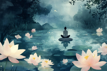 Person mindfully meditating on a rock, surrounded by calm water and pink lotus flowers. Tranquil natural scene promoting peace and wellnessの素材