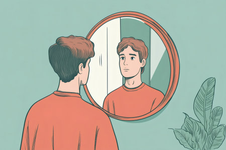 Young man observing his image in a round mirror. Illustrating concepts of introspection, identity, and personal growthの素材