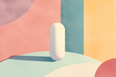Simple white capsule standing vertically on a pastel colored surface, complementing the minimalist abstract background colorsの素材