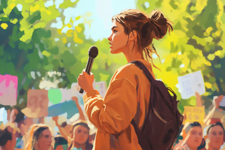 Young activist addressing crowd with microphone during an environmental protest, advocating for climate change awareness and actionの素材