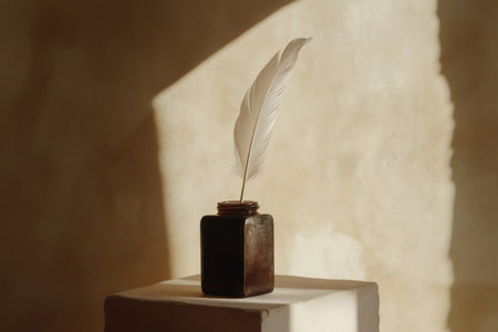 Quill pen standing in inkwell, catching warm sunlight and casting shadows on a textured wall, symbolizing writing and historyの素材