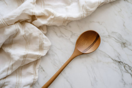 Wooden spoon lying on a white marble countertop next to a folded natural linen kitchen cloth, top viewの素材