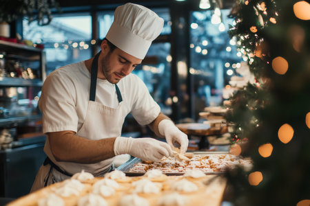 Male pastry chef wearing a toque and gloves decorating a tray of freshly baked holiday desserts with powdered sugarの素材