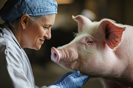 Veterinarian performs a health check on a pig, ensuring animal welfare and providing veterinary care on the farmの素材