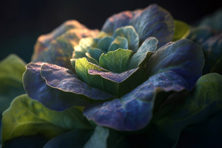 Detailed close up of a lettuce head with tight green leaves highlighted by soft natural light and fresh morning dew dropsの素材