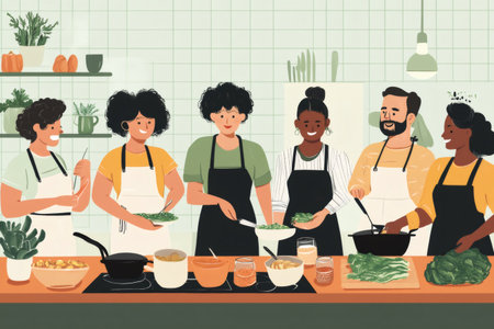 Diverse adults learning to cook together, preparing fresh ingredients in a kitchen setting, fostering teamwork and healthy eatingの素材