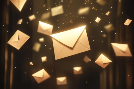 Golden envelopes floating and glowing against a dark background, representing digital marketing, mail delivery, and online messagingの素材