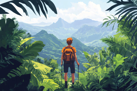 Backpacker standing with trekking poles enjoying a wide panoramic view of lush green mountains and tropical jungleの素材