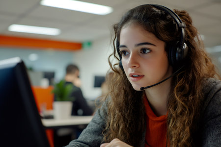 Woman wearing a professional headset with microphone, focusing on her computer screen, providing customer support servicesの素材