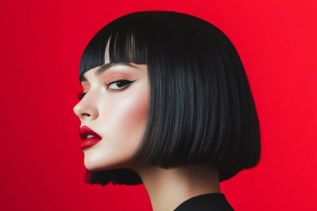 Young woman posing in profile, showcasing her sleek blunt bob haircut, bold red lipstick, and elegant eyelinerの素材
