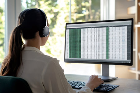 Young woman focused on data entry and analysis using a computer spreadsheet program, wearing headphones for concentrationの素材