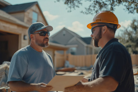 Two construction professionals reviewing project documents on a residential building site, discussing home progress and developmentの素材