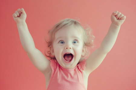 Happy child celebrating something wonderful, screaming with excitement, arms raised in triumph, expressing enthusiasm and gleeの素材