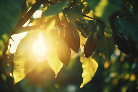 Cocoa pods ripening on a tropical tree branch, backlit by a bright golden sun flare through lush green leavesの素材