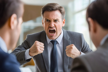 Stressful business meeting escalating into a heated argument with an aggressive executive shouting and clenching his fistsの素材