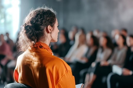 Woman entrepreneur or speaker engaging a seated audience at a professional business presentation or workshopの素材