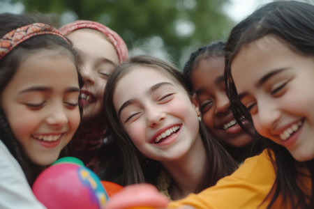 Young diverse girls smiling and laughing, embracing close together. Representing childhood, community, and joyの素材