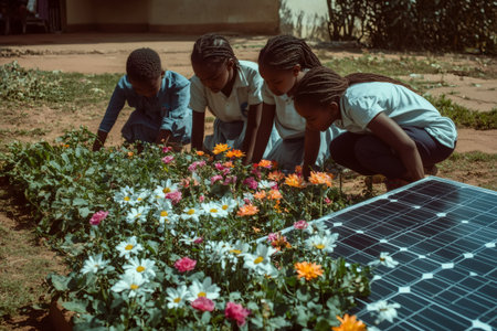 Young African students tending to a flower garden next to a solar panel, embracing environmental education and sustainable developmentの素材