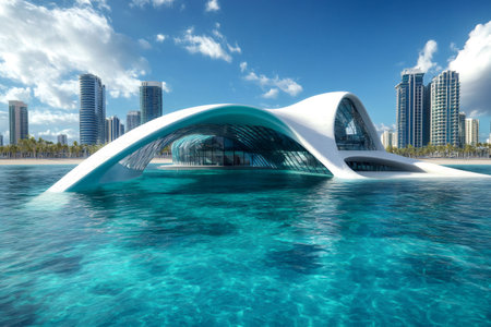 Futuristic building emerging from the clear blue ocean, showcasing contemporary architecture against a dynamic coastal city skylineの素材