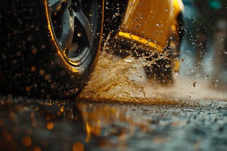 Car tire driving through a large puddle, creating a dynamic splash of water on a wet road during bad weatherの素材
