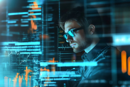 Man in glasses concentrating on a futuristic screen displaying lines of code, graphs, and big data visualizationの素材