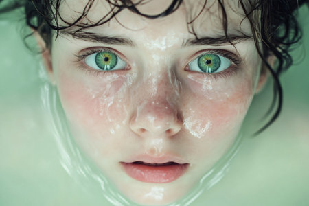 Young girl's vulnerable face emerging from water, tears blending with the clear liquid, expressing deep emotion and contemplationの素材