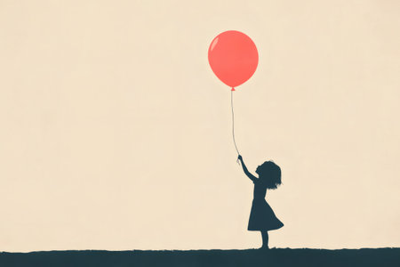 Child silhouette reaching for a vibrant red balloon, embodying innocence, hope, and childhood dreams. Minimalist depiction with ample copy spaceの素材