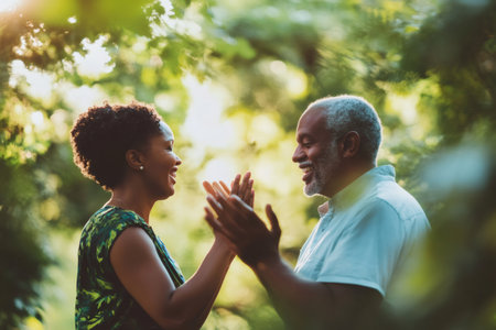 Two smiling adult individuals communicating through sign language, sharing a happy moment outdoors in a parkの素材