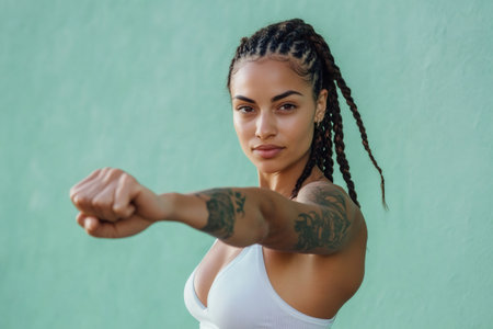 Confident woman with braided hair extending a fist, representing strength, fitness, and self assertion against a green wallの素材