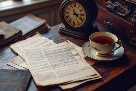 Old desk presenting aged music scores, a timeless clock, and hot tea in a delicate cup, evoking classical study and contemplationの素材
