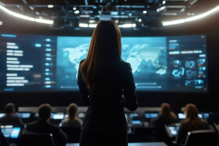 Businesswoman presenting strategies on large digital screen to audience in modern conference room with global data visualsの素材