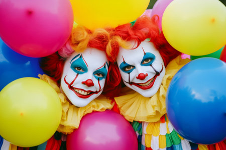 Two playful clowns with vibrant makeup and wigs, surrounded by bright balloons, bringing joy and a festive atmosphereの素材