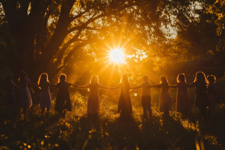 Group of children forming a circle, holding hands. Silhouetted against a vibrant golden sunset, symbolizing friendship and communityの素材