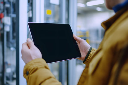 Worker holding a tablet showing information in an industrial setting. Using technology for data management or inspectionの素材