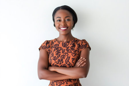 Smiling professional African American woman posing confidently with arms crossed against a white wall, showing a positive attitudeの素材