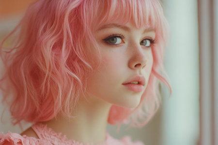 Young woman posing with unique pastel pink wavy bob hairstyle and delicate makeup, highlighting youthfulness and individualityの素材